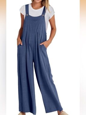 Wide-Leg Chambray Jumpsuit Overalls - Blue